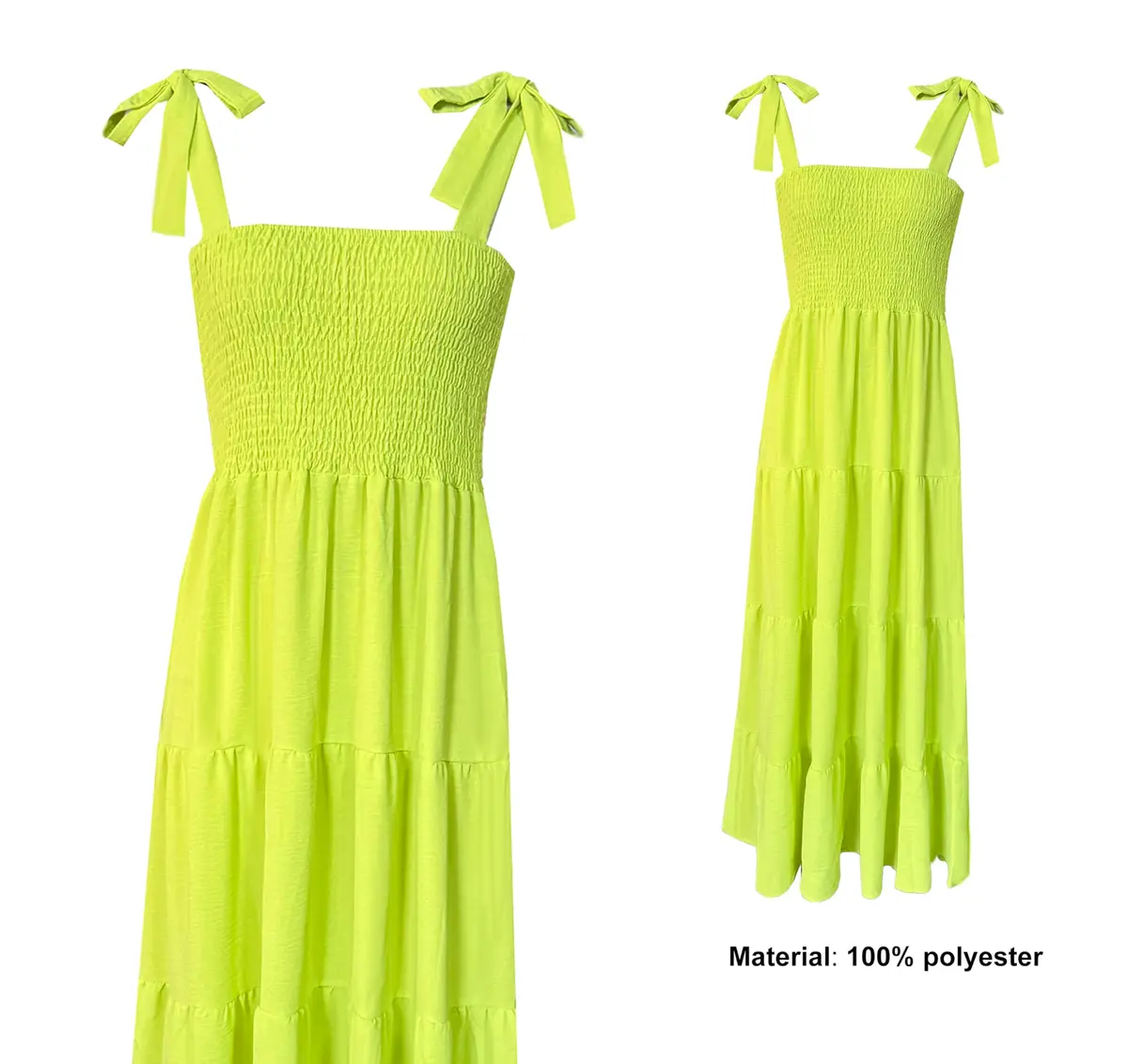 kinstell Women's Summer Boho Square Neck Ruffle Maxi Dress | Flowy, Casual, Fluorescent Green - view 6