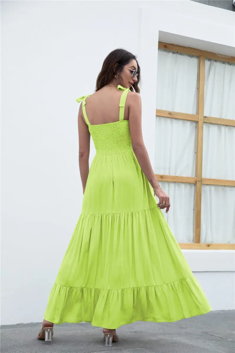 kinstell Women's Summer Boho Square Neck Ruffle Maxi Dress | Flowy, Casual, Fluorescent Green - view 2
