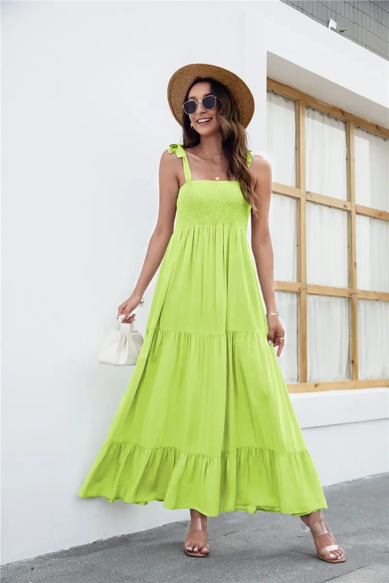 kinstell Women's Summer Boho Square Neck Ruffle Maxi Dress | Flowy, Casual, Fluorescent Green - view 3