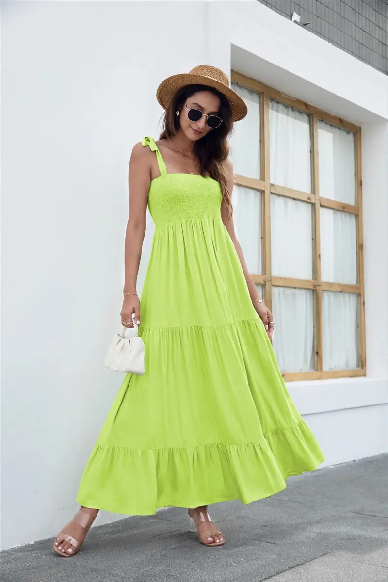kinstell Women's Summer Boho Square Neck Ruffle Maxi Dress | Flowy, Casual, Fluorescent Green - view 4