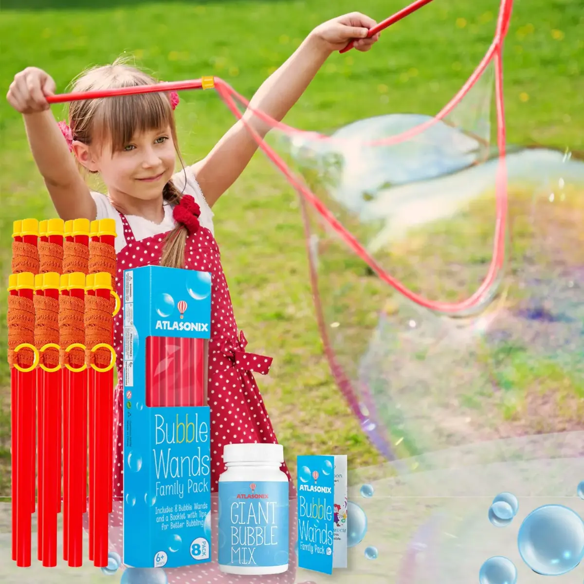Atlasonix Giant Bubble Wand Kit with Powder for 3 Gallons of Solution | 8 Professional Bubble Wands & Trick Booklet - main product image