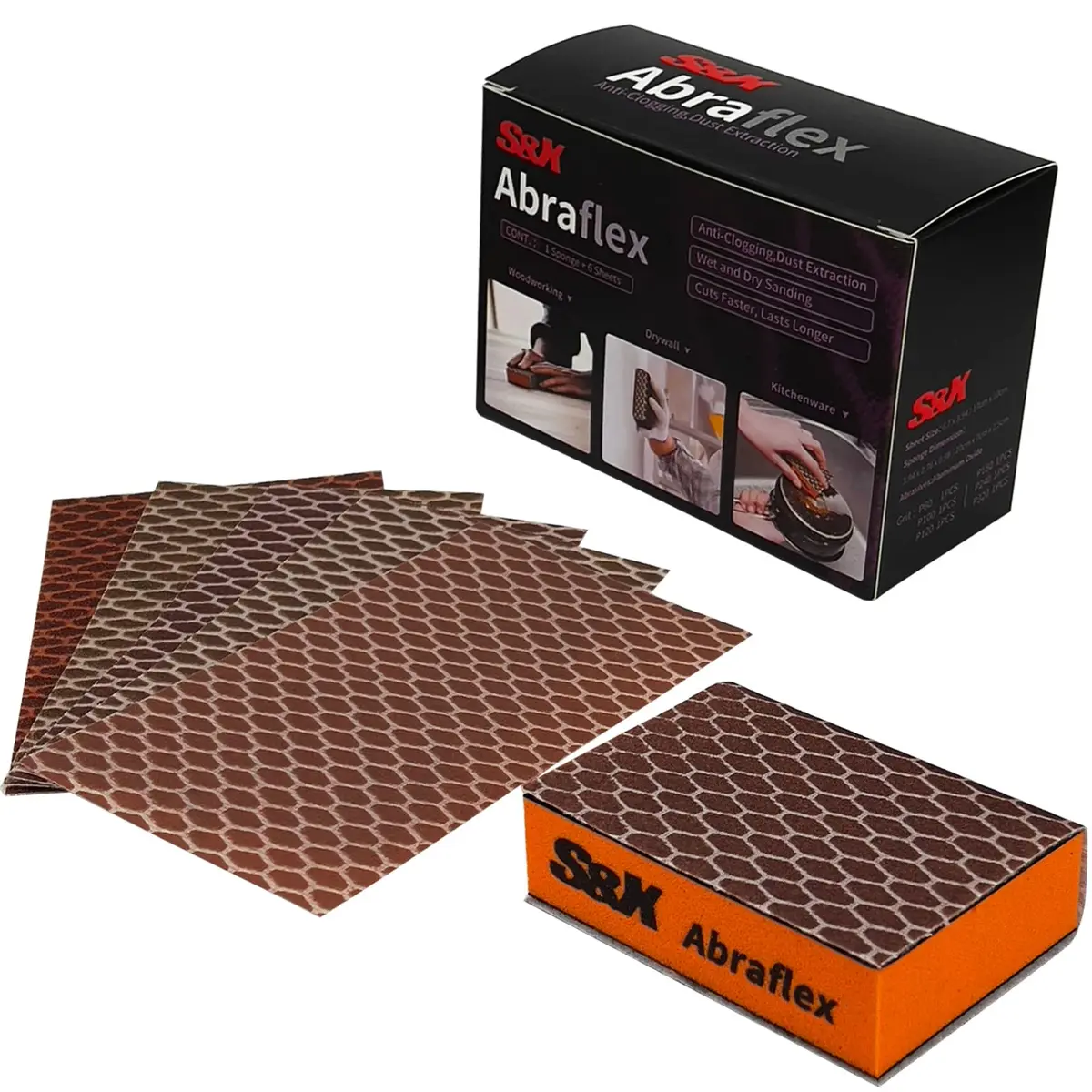 S&X Sanding Sponge Block 20 Sheets Assorted Grit | Wet & Dry, Hook & Loop, Durable, Space-Saving (70-120c) - main product image