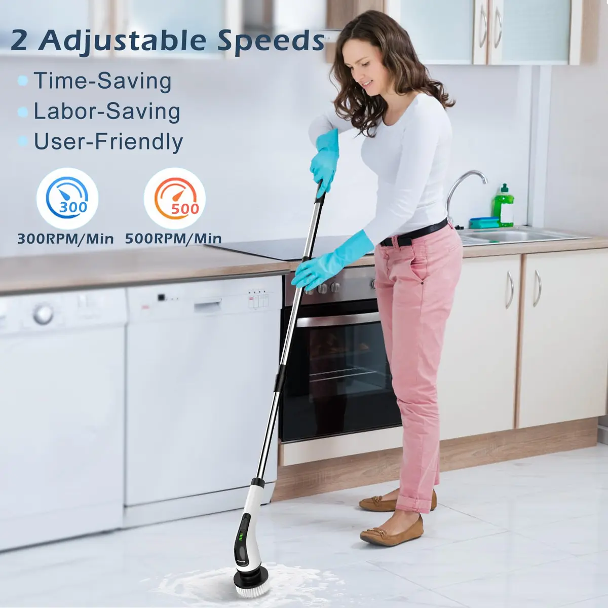 Bomves Electric Spin Scrubber with Long Handle & 8 Replaceable Brush Heads | 45in (114cm) Extendable, 500 RPM, Cordless Bathroom Cleaner - view 5