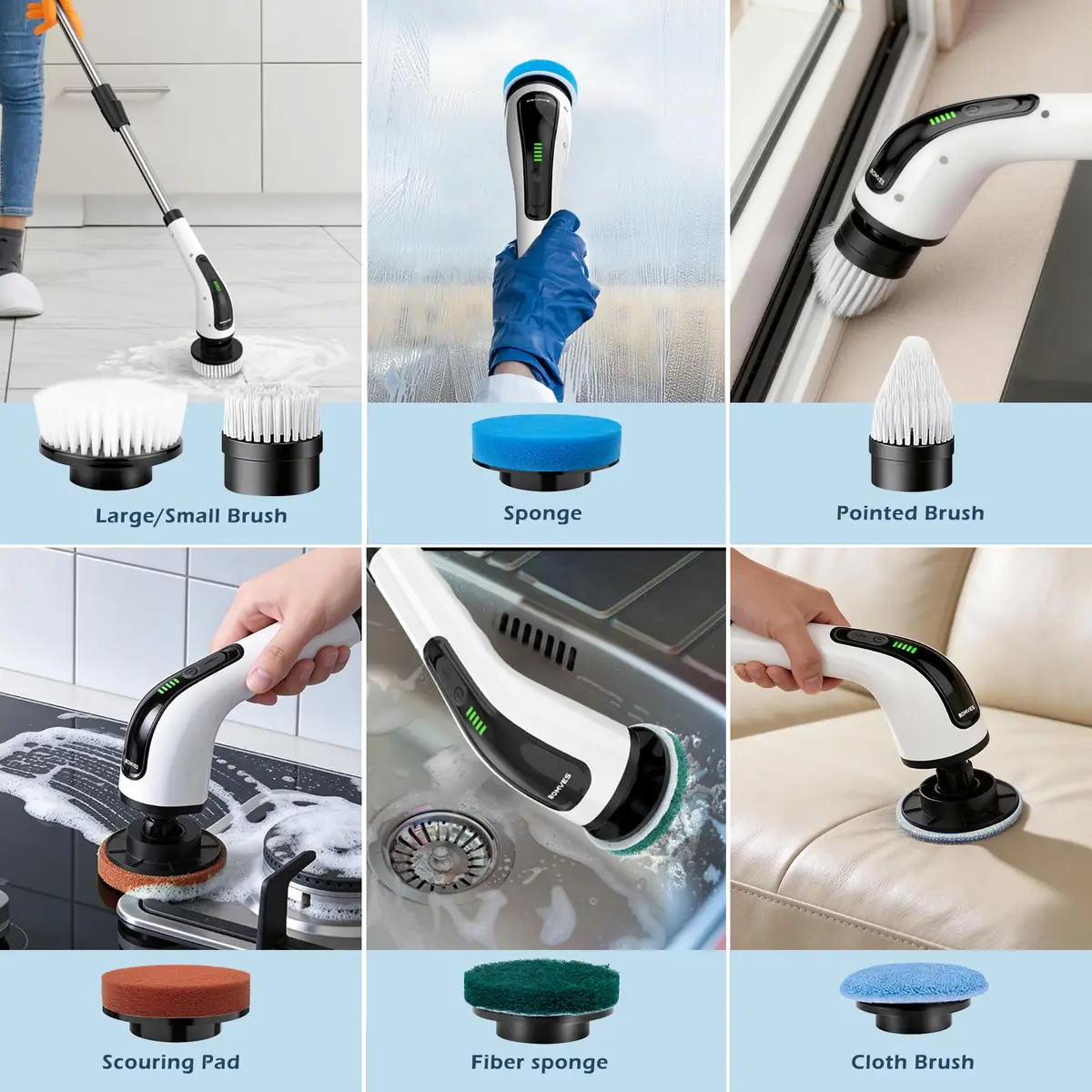 Bomves Electric Spin Scrubber with Long Handle & 8 Replaceable Brush Heads | 45in (114cm) Extendable, 500 RPM, Cordless Bathroom Cleaner - view 6