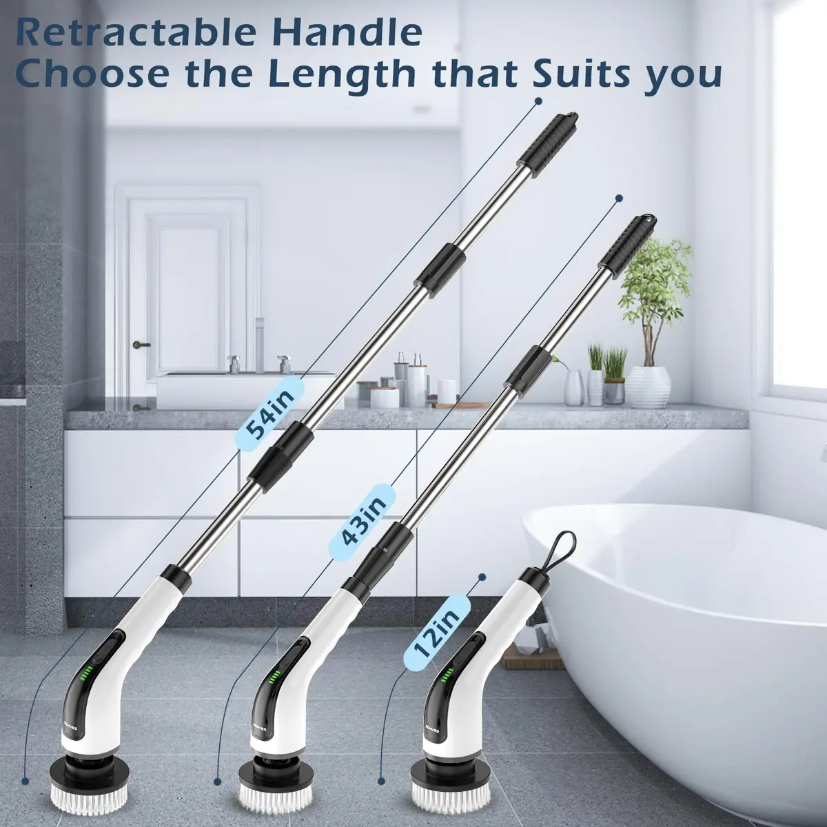 Bomves Electric Spin Scrubber with Long Handle & 8 Replaceable Brush Heads | 45in (114cm) Extendable, 500 RPM, Cordless Bathroom Cleaner - view 2