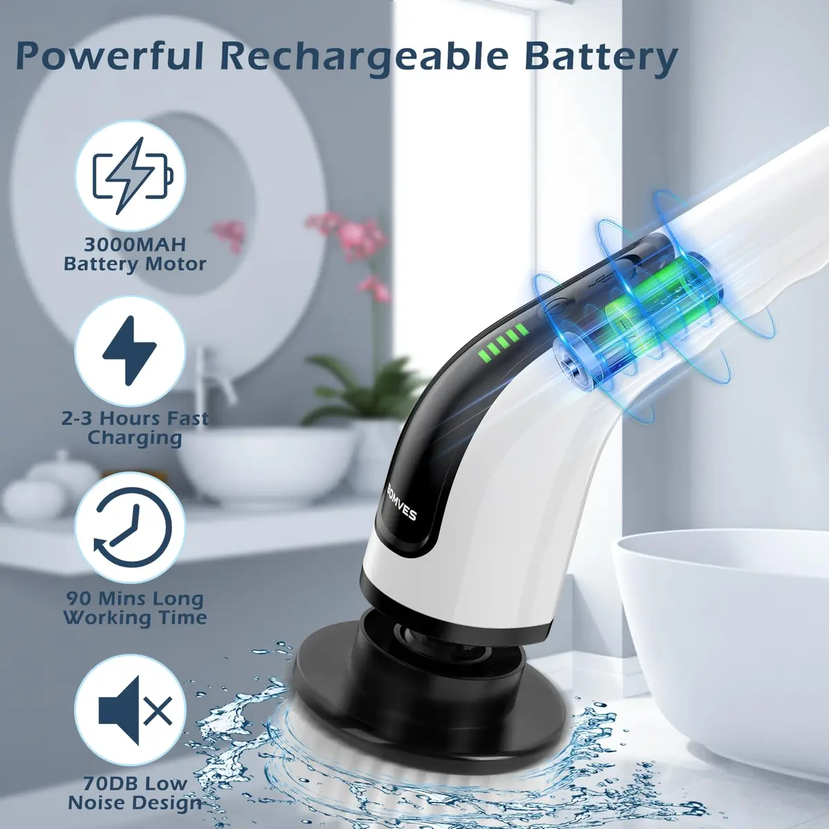 Bomves Electric Spin Scrubber with Long Handle & 8 Replaceable Brush Heads | 45in (114cm) Extendable, 500 RPM, Cordless Bathroom Cleaner - view 3
