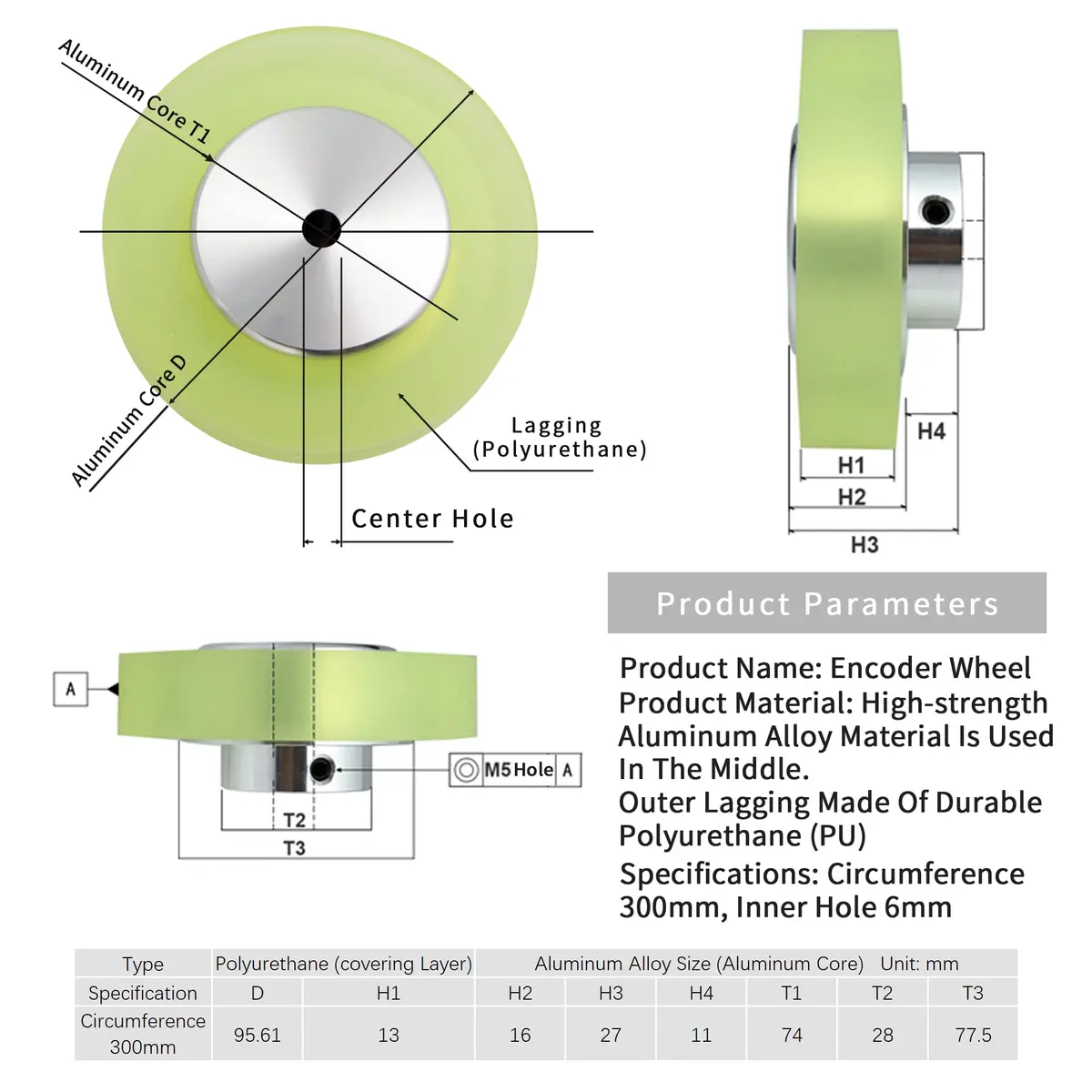 KOKISO OVW Rotary Encoder Wheel, Polyurethane Rubber Wheel 300mm (11.81 inch) Hole Diameter 6mm (0.24 inch) | Industrial Automation Component - view 2