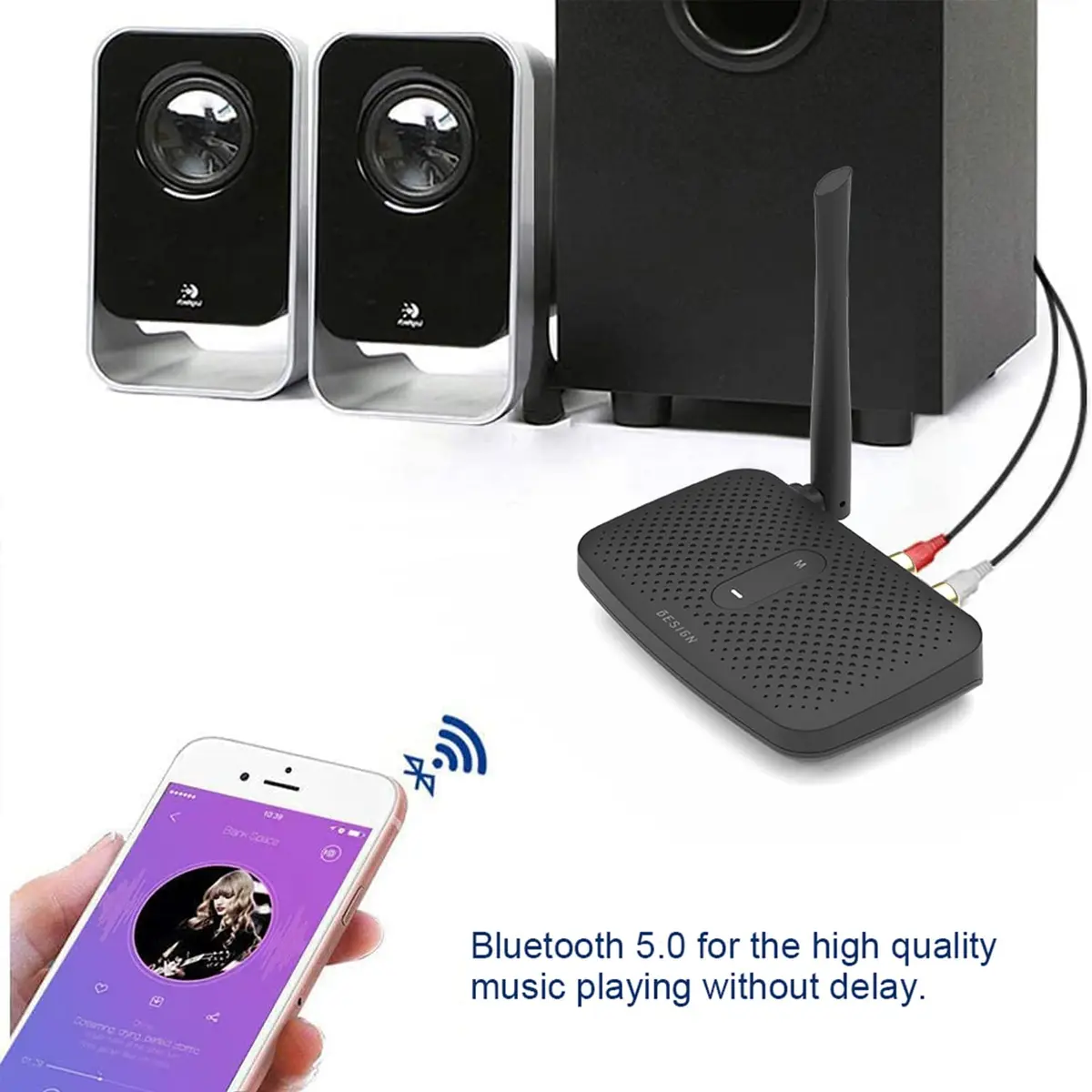 BESIGN BE-RCA Pro Long Range Bluetooth Adapter with Type-C Power, Black | Connects Wired Speakers to Bluetooth Devices - view 5