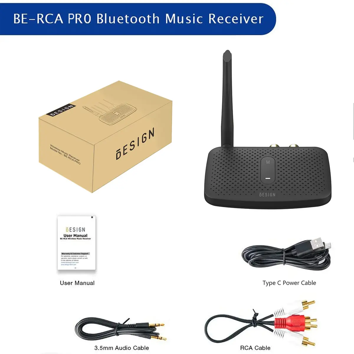 BESIGN BE-RCA Pro Long Range Bluetooth Adapter with Type-C Power, Black | Connects Wired Speakers to Bluetooth Devices - view 8