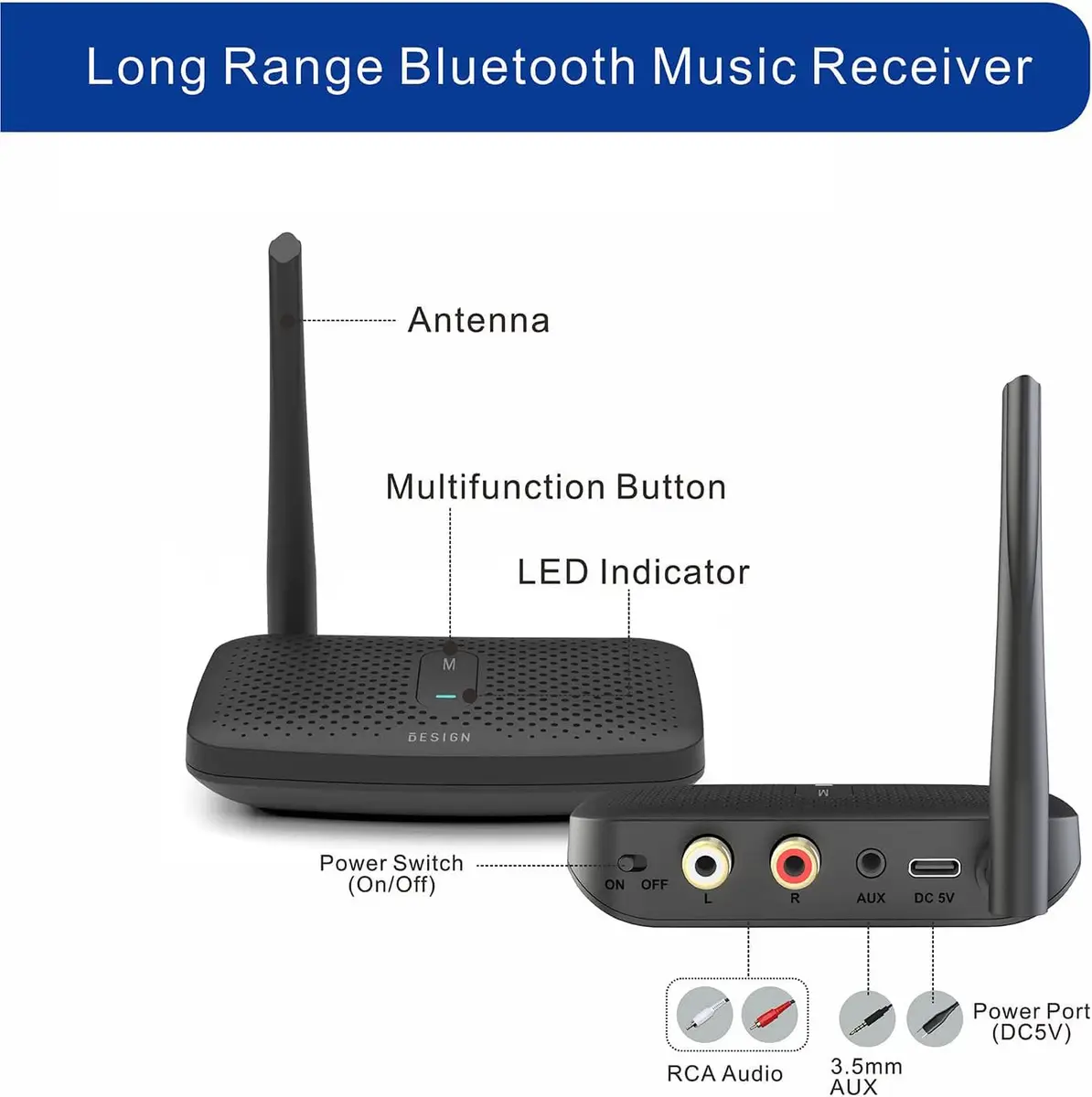 BESIGN BE-RCA Pro Long Range Bluetooth Adapter with Type-C Power, Black | Connects Wired Speakers to Bluetooth Devices - view 2