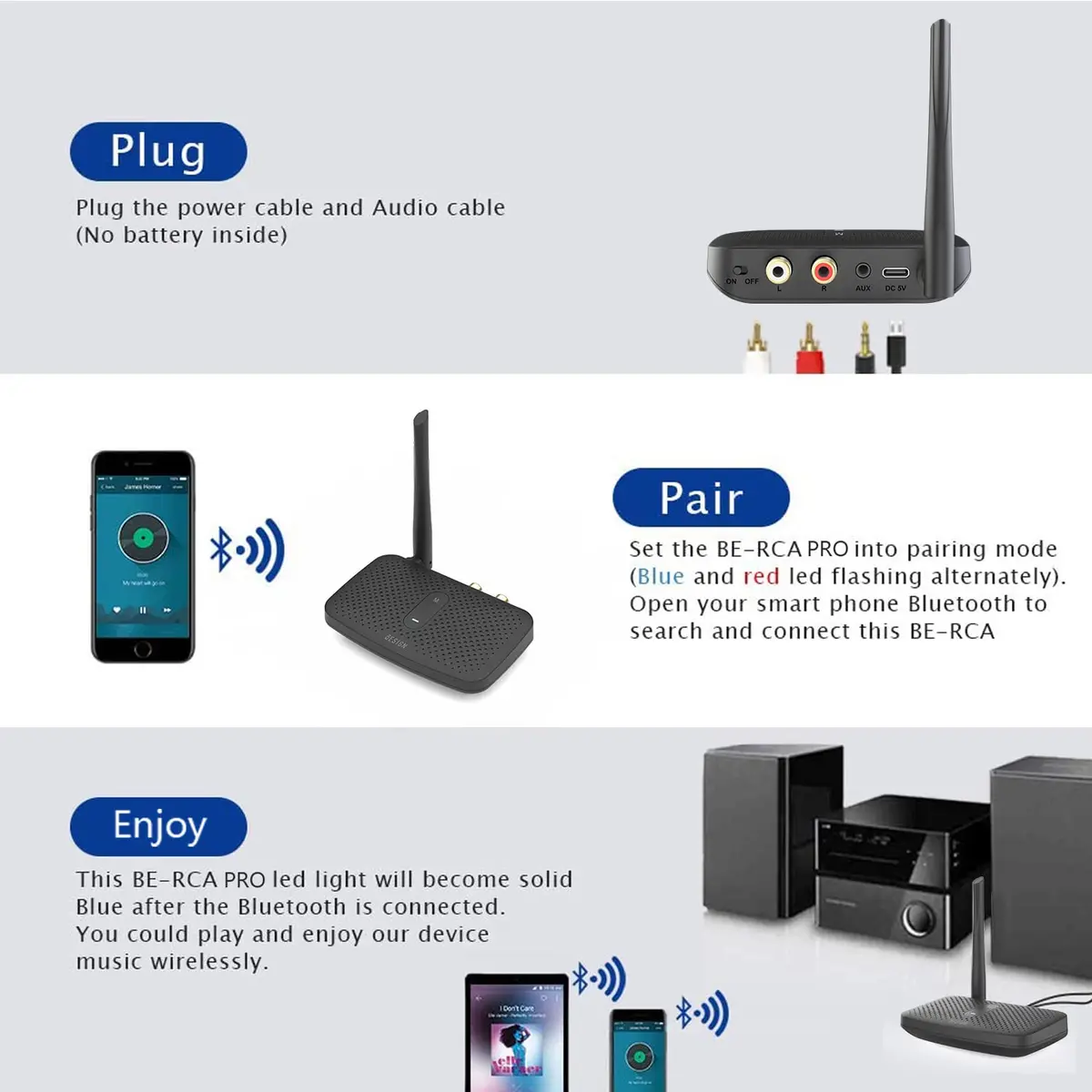 BESIGN BE-RCA Pro Long Range Bluetooth Adapter with Type-C Power, Black | Connects Wired Speakers to Bluetooth Devices - view 3