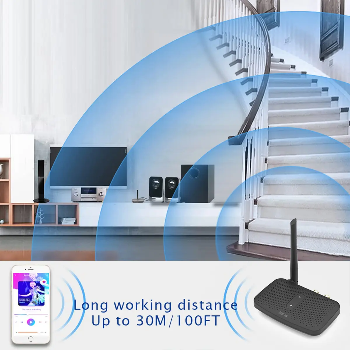 BESIGN BE-RCA Pro Long Range Bluetooth Adapter with Type-C Power, Black | Connects Wired Speakers to Bluetooth Devices - view 4