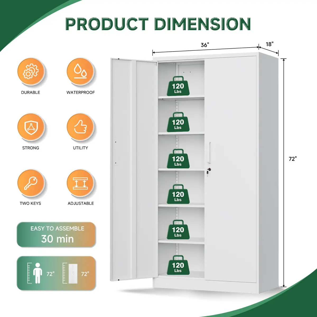 Letaya Metal Storage Cabinet with Lock Door 72" | Adjustable Shelves for Office & Home - view 2
