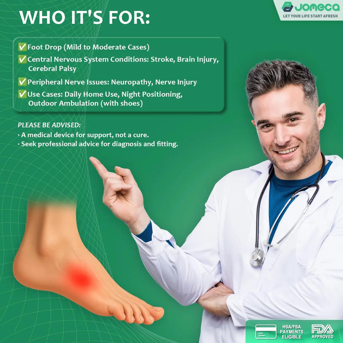 JOMECA Upgraded Drop Foot Brace for Walking with Shoes | Adjustable Soft AFO for Foot Drop Relief - view 5