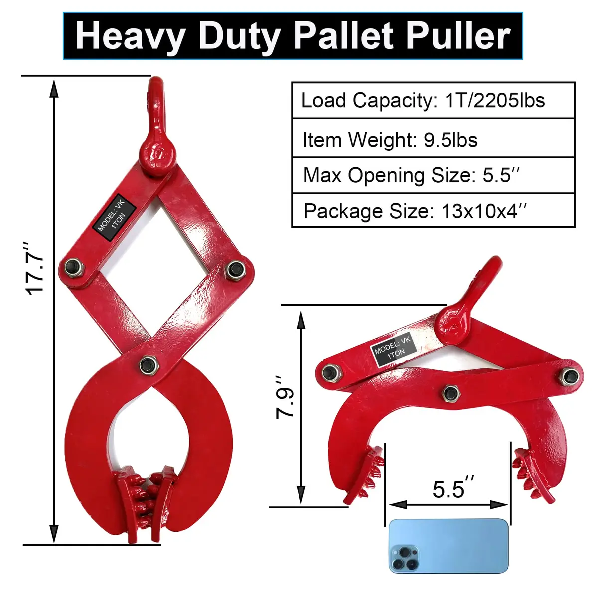 BONOOTH Pallet Puller 1T (2205 lbs) Capacity Heavy Duty Steel Scissor Grabber with 5.5" Jaw Opening | Industrial Material Handling Tool - view 3