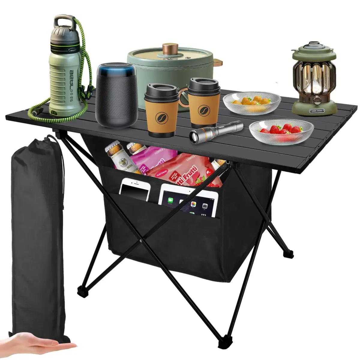 Audoyon Foldable Camping Side Table L Black | Ultralight Aluminum Roll-Up Table with Carry Bag & Storage for Picnic, Hiking, Beach (18x27x18 inches) - main product image