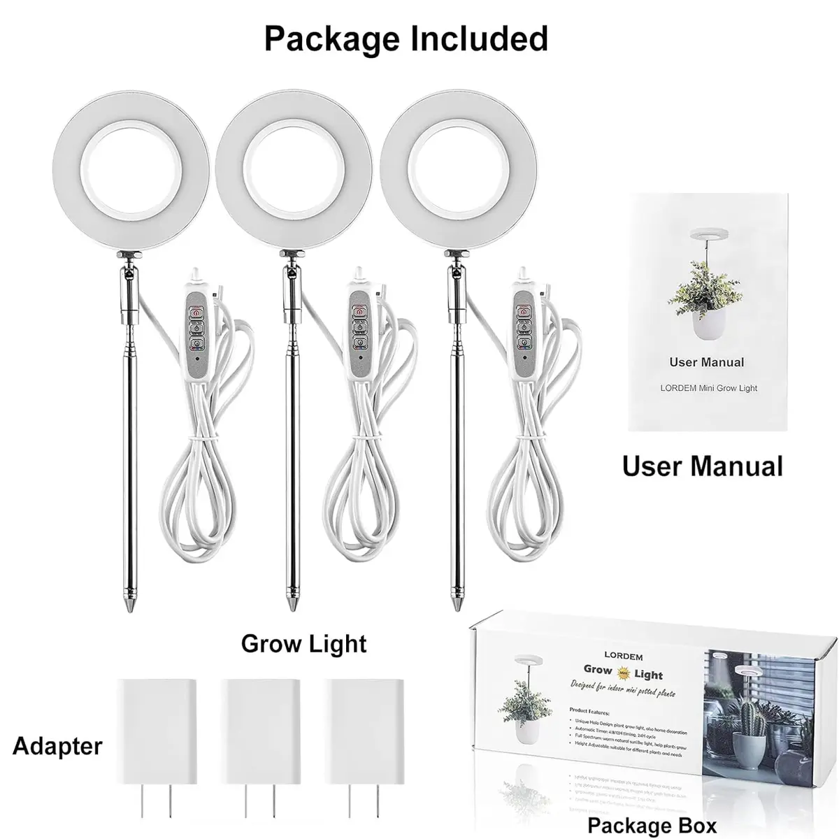 LORDEM Full Spectrum LED Grow Light for Indoor Plants | 3 Pack Height Adjustable, Auto Timer, Dimmable, Stylish Design (3 Pack, White) - view 6