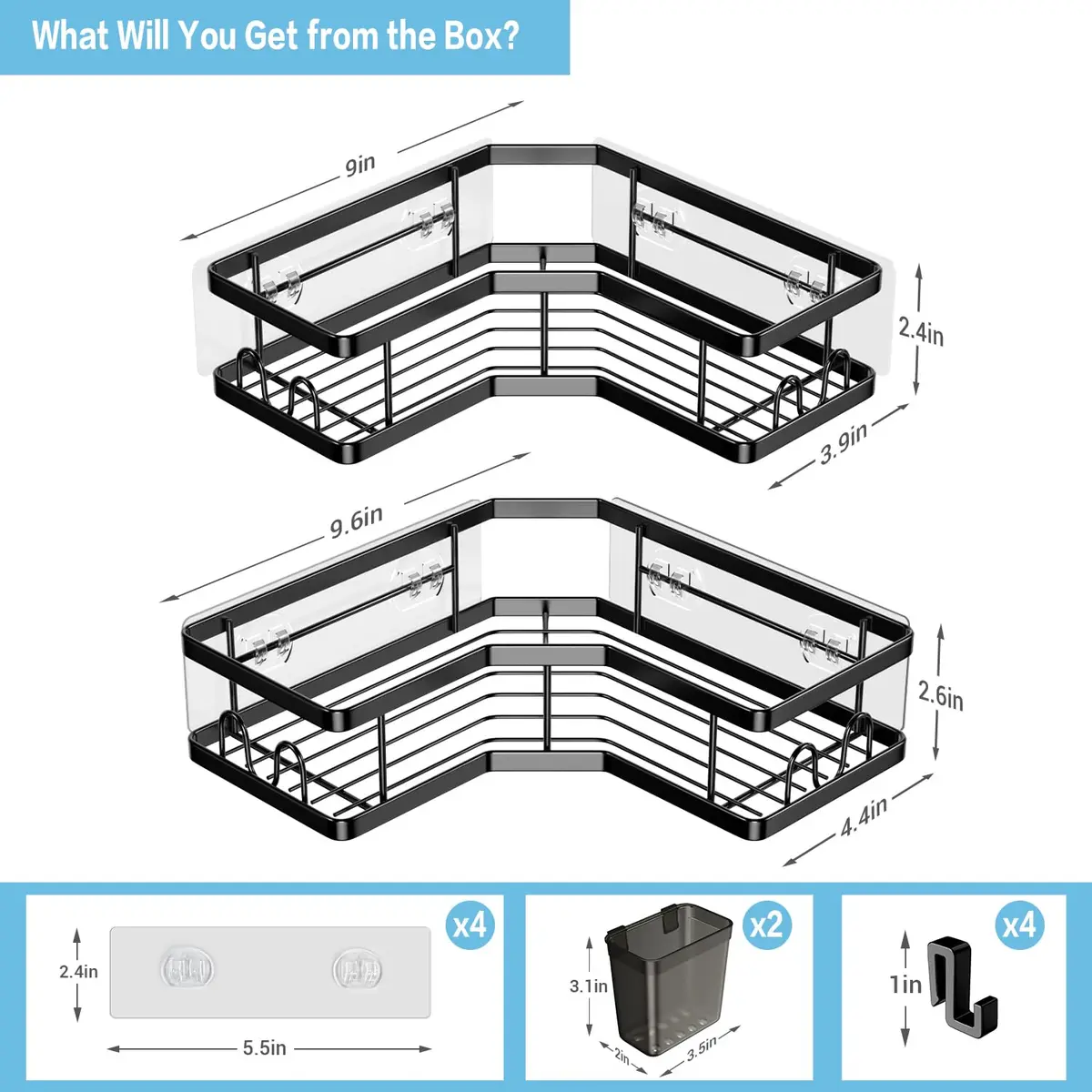AKTECKE Corner Shower Caddy 2 Pack | No Drilling Stainless Steel Bathroom Organizer (9.6"×9.6"×2.6") - view 6