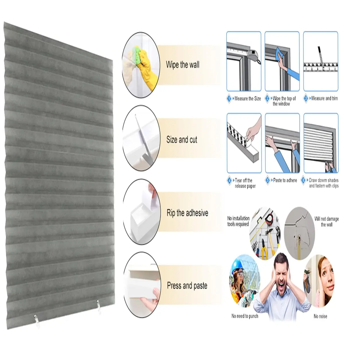 Jlong Cordless Blackout Blinds No Drill Temporary Pleated Paper Shades 60cm (23.6"W x 59"H) - view 4