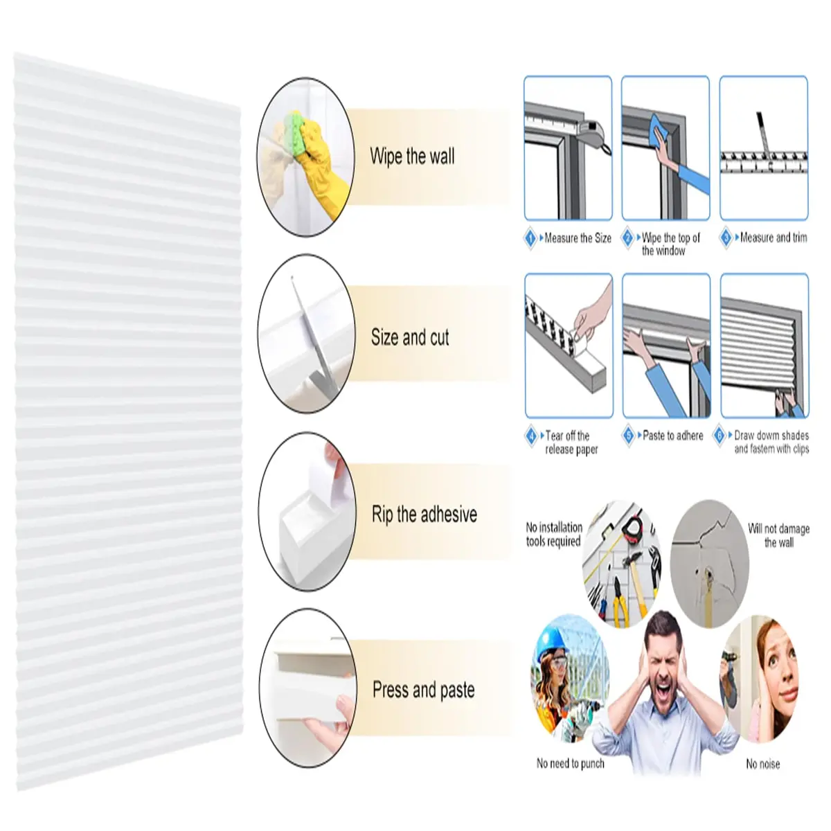Jlong Cordless No Drill Stick-On Window Temporary Pleated Paper Shades 35.4cm (13.9") W x 149.9cm (59") H | Easy Install Light Filtering - view 4