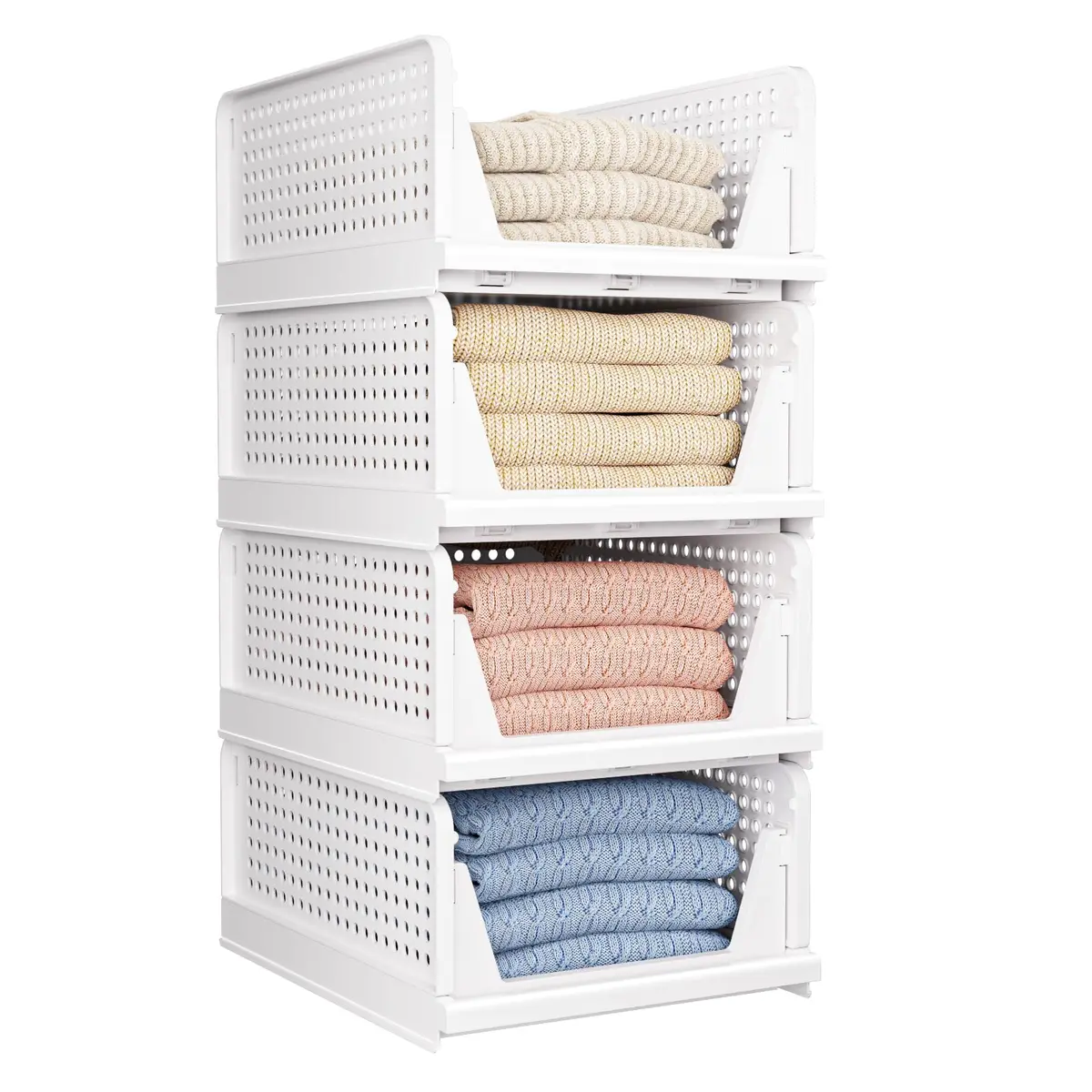 CTSNSLH 4 Pack Folding Closet Organizers Storage Box | Stackable Plastic Drawer Bins for Wardrobe, Kitchen, Bathroom, Office, White - main product image