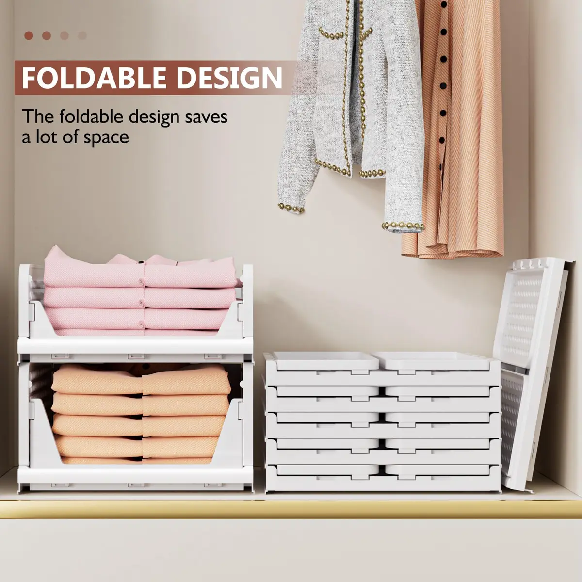 CTSNSLH 4 Pack Folding Closet Organizers Storage Box | Stackable Plastic Drawer Bins for Wardrobe, Kitchen, Bathroom, Office, White - view 5