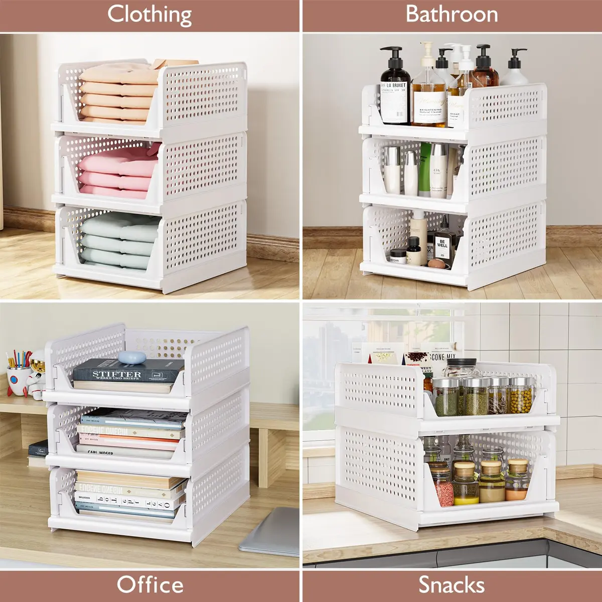 CTSNSLH 4 Pack Folding Closet Organizers Storage Box | Stackable Plastic Drawer Bins for Wardrobe, Kitchen, Bathroom, Office, White - view 6