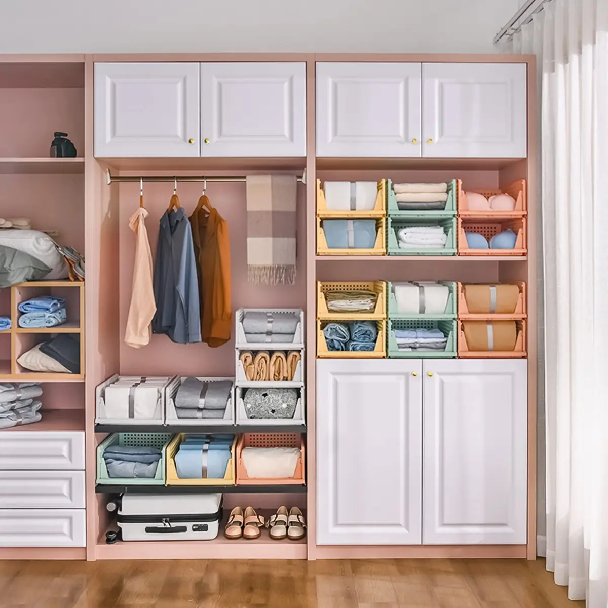 CTSNSLH 4 Pack Folding Closet Organizers Storage Box | Stackable Plastic Drawer Bins for Wardrobe, Kitchen, Bathroom, Office, White - view 7