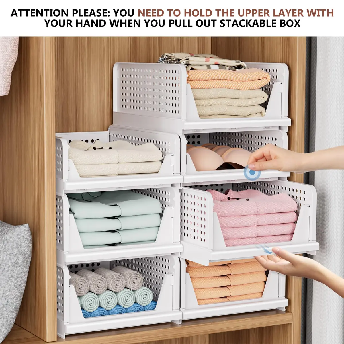CTSNSLH 4 Pack Folding Closet Organizers Storage Box | Stackable Plastic Drawer Bins for Wardrobe, Kitchen, Bathroom, Office, White - view 2