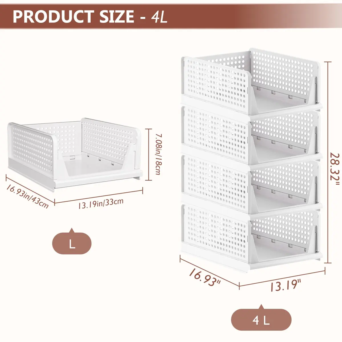 CTSNSLH 4 Pack Folding Closet Organizers Storage Box | Stackable Plastic Drawer Bins for Wardrobe, Kitchen, Bathroom, Office, White - view 3