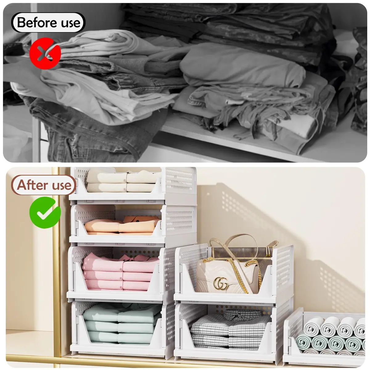 CTSNSLH 4 Pack Folding Closet Organizers Storage Box | Stackable Plastic Drawer Bins for Wardrobe, Kitchen, Bathroom, Office, White - view 4