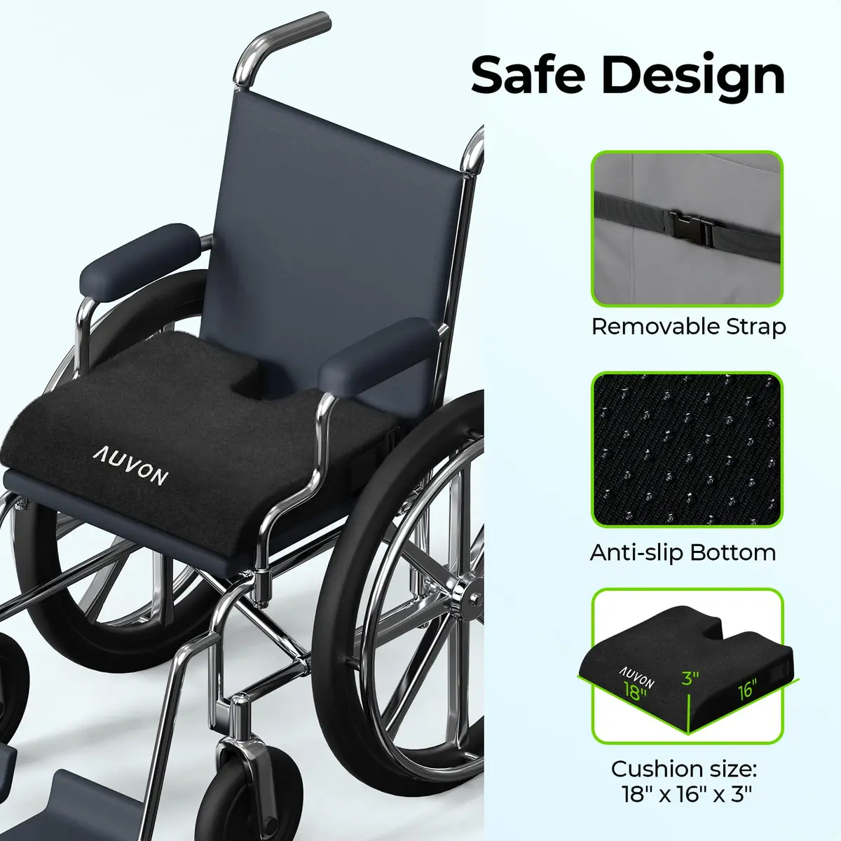 AUVON Memory Foam Wheelchair Seat Cushion 18"x16"x3" for Sciatica & Back Support - view 8