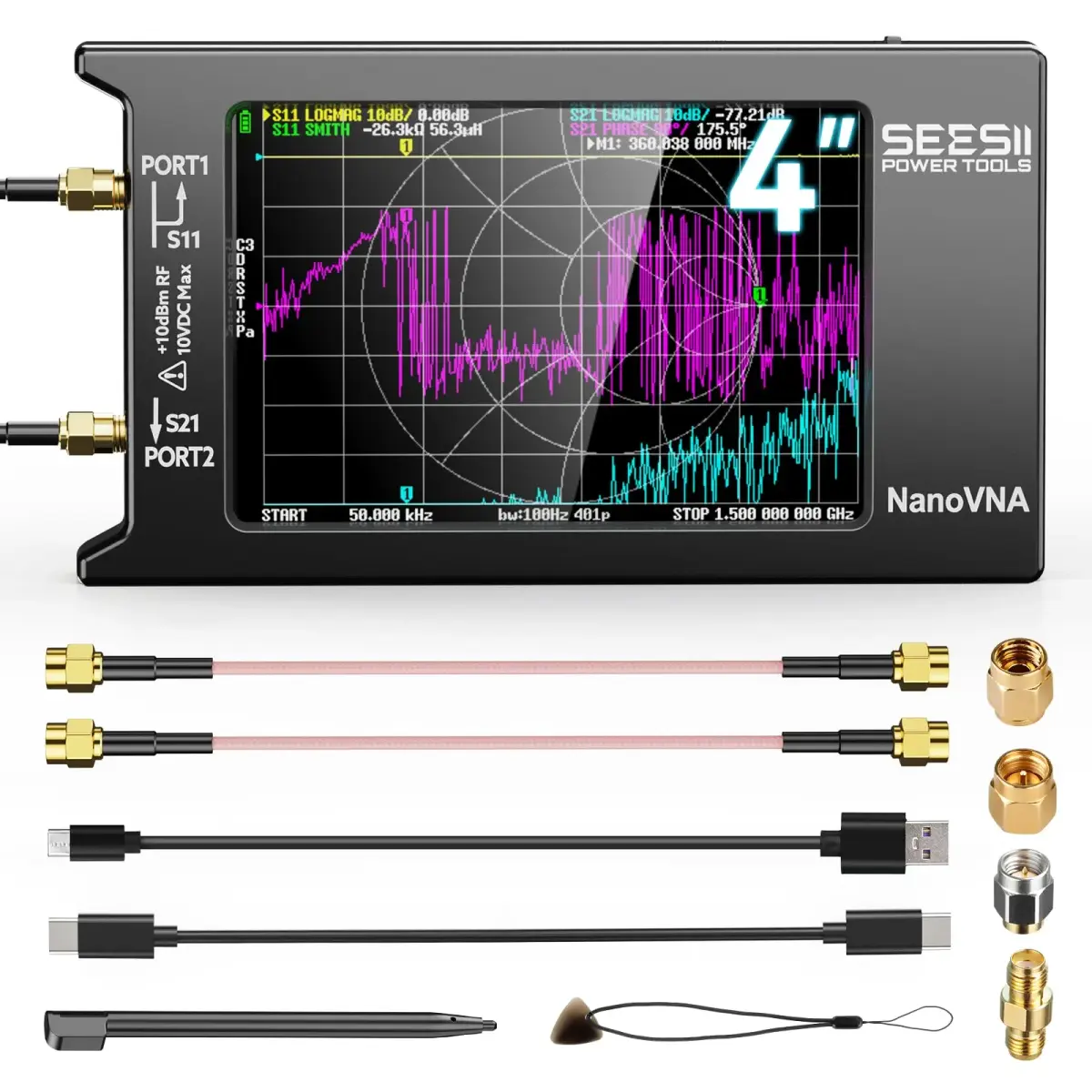Seesii NanoVNA-H4 Vector Network Analyzer 1.5GHz 4" Touchscreen | Measures SWR, Phase, Smith Chart - main product image