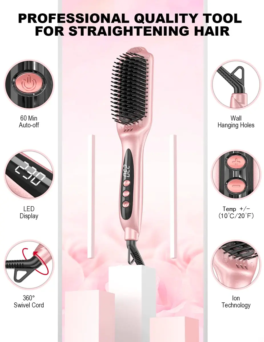 LANDOT Ionic Hair Straightening Brush, Anti-Frizz Ceramic Heated Hot Comb | 12 Heat Settings, Dual Voltage, Auto-Off, Rose Gold - view 5