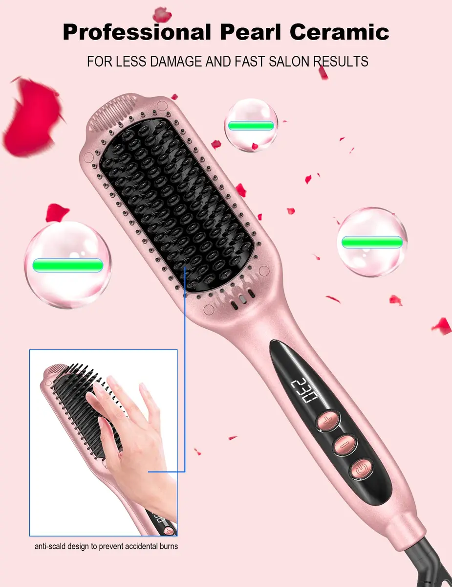LANDOT Ionic Hair Straightening Brush, Anti-Frizz Ceramic Heated Hot Comb | 12 Heat Settings, Dual Voltage, Auto-Off, Rose Gold - view 6