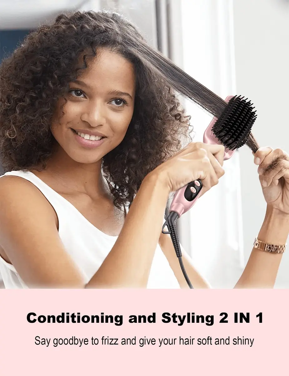 LANDOT Ionic Hair Straightening Brush, Anti-Frizz Ceramic Heated Hot Comb | 12 Heat Settings, Dual Voltage, Auto-Off, Rose Gold - view 2