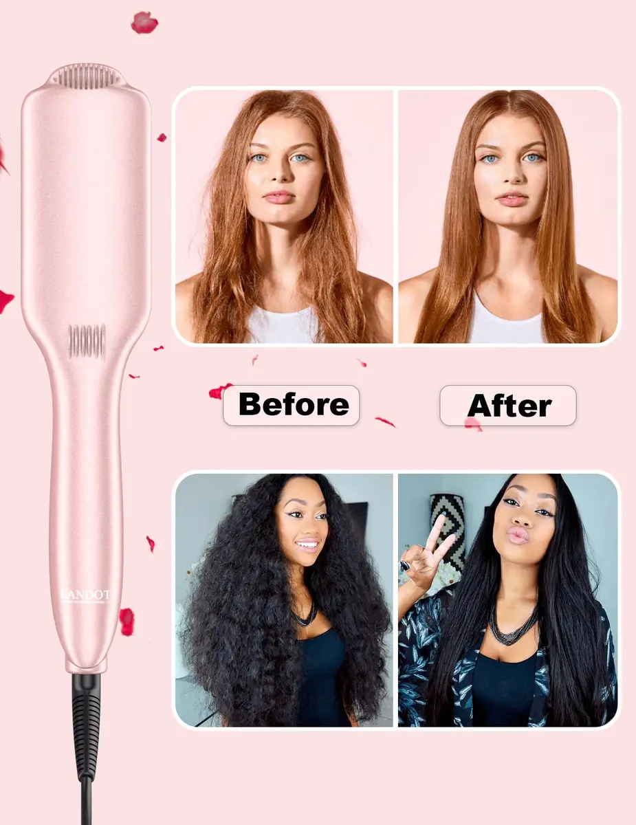 LANDOT Ionic Hair Straightening Brush, Anti-Frizz Ceramic Heated Hot Comb | 12 Heat Settings, Dual Voltage, Auto-Off, Rose Gold - view 3