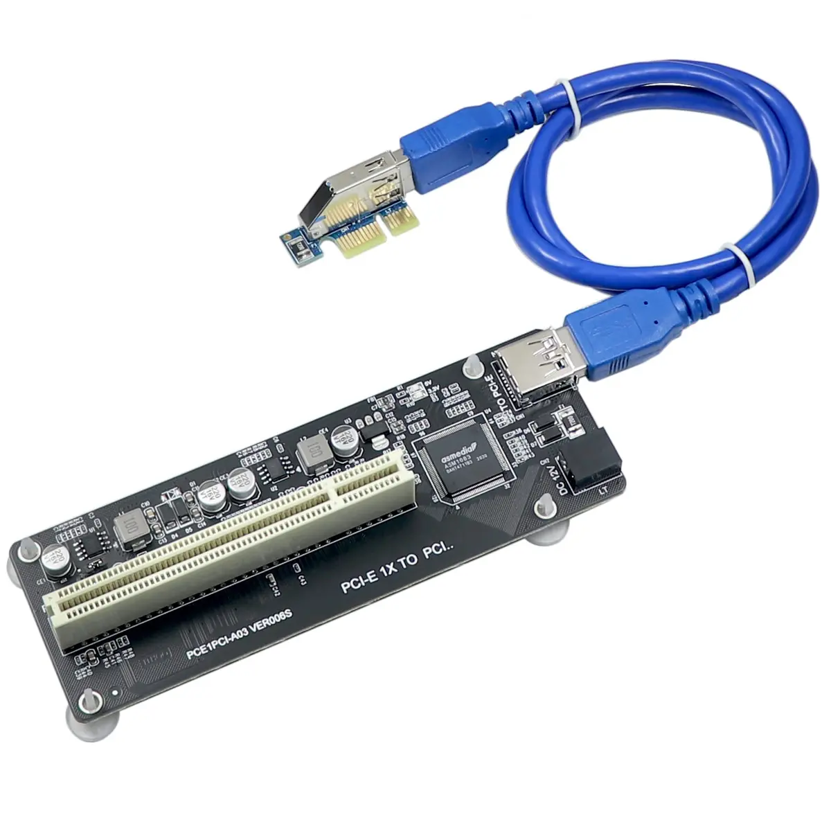 Trotwei Blue PCIe to PCI Adapter Card with USB 3.0 Cable | Converts PCIe x1 to PCI Slot, ASMedia ASM1083 Chip - main product image