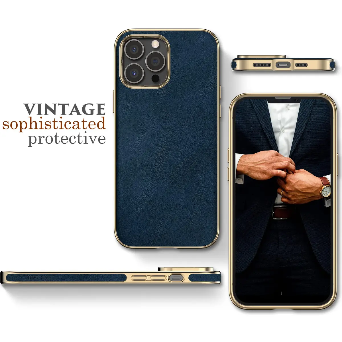 LOHASIC for iPhone 14 Pro Case Leather, Protective Phone Cover, Blue | Luxury Vegan Leather with Drop & Anti-Slip - view 3