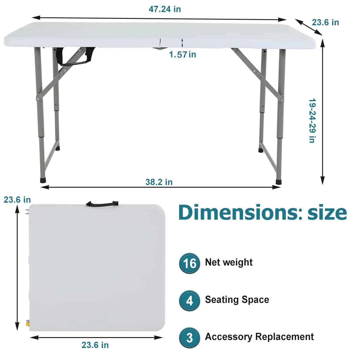Pazidom 4FT Folding Table, Height Adjustable, Heavy Duty Plastic, 330LBS Capacity | Portable & Fold-in-Half - view 7