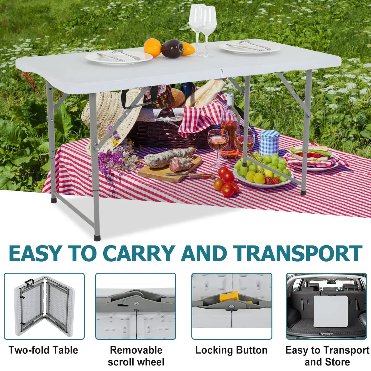 Pazidom 4FT Folding Table, Height Adjustable, Heavy Duty Plastic, 330LBS Capacity | Portable & Fold-in-Half - view 3