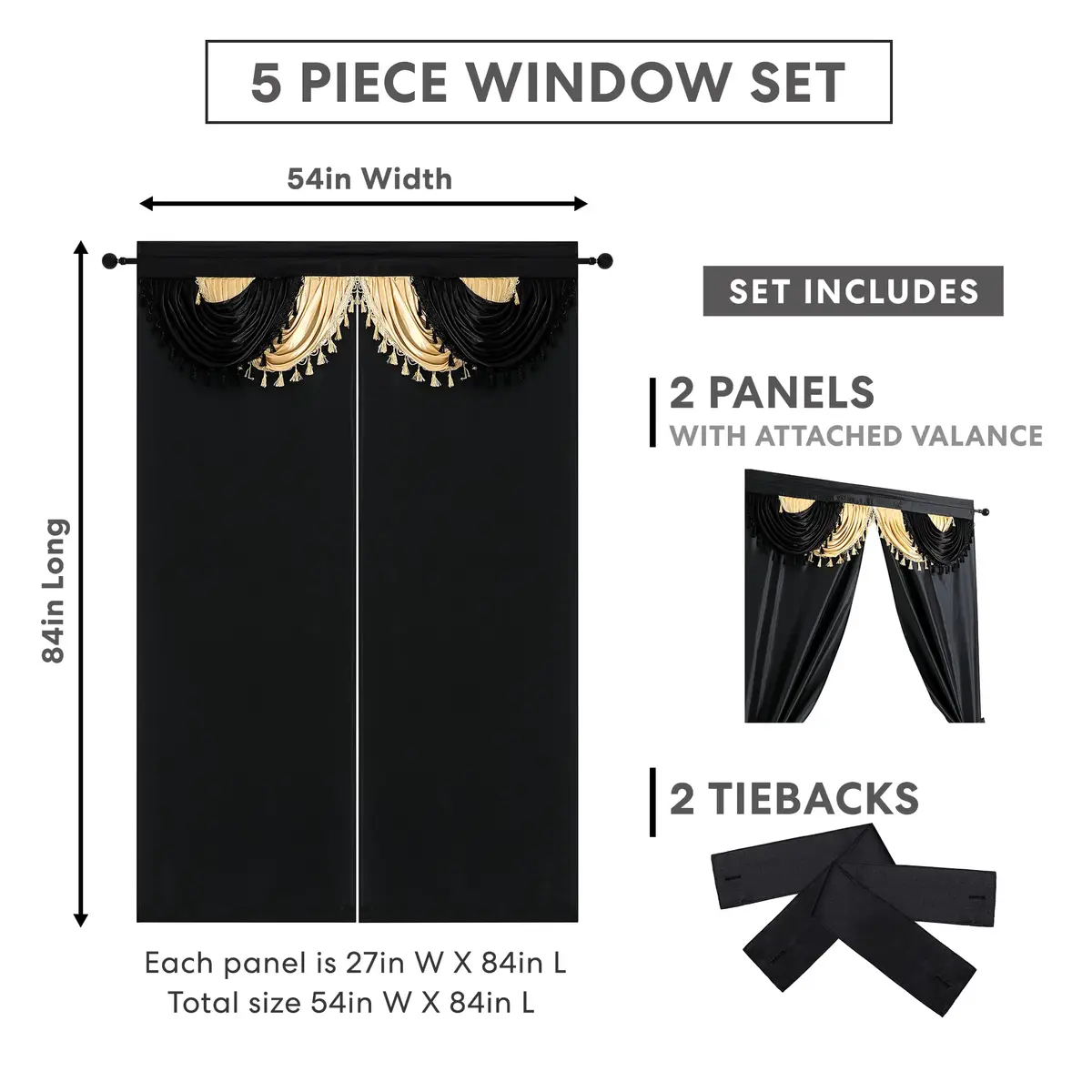Regal Home Collections Amore 5-Piece Gothic Curtain Set 137cm x 213cm (54"W x 84"L) | Black/Gold Light-Filtering Panels with Valance and Tiebacks - view 4