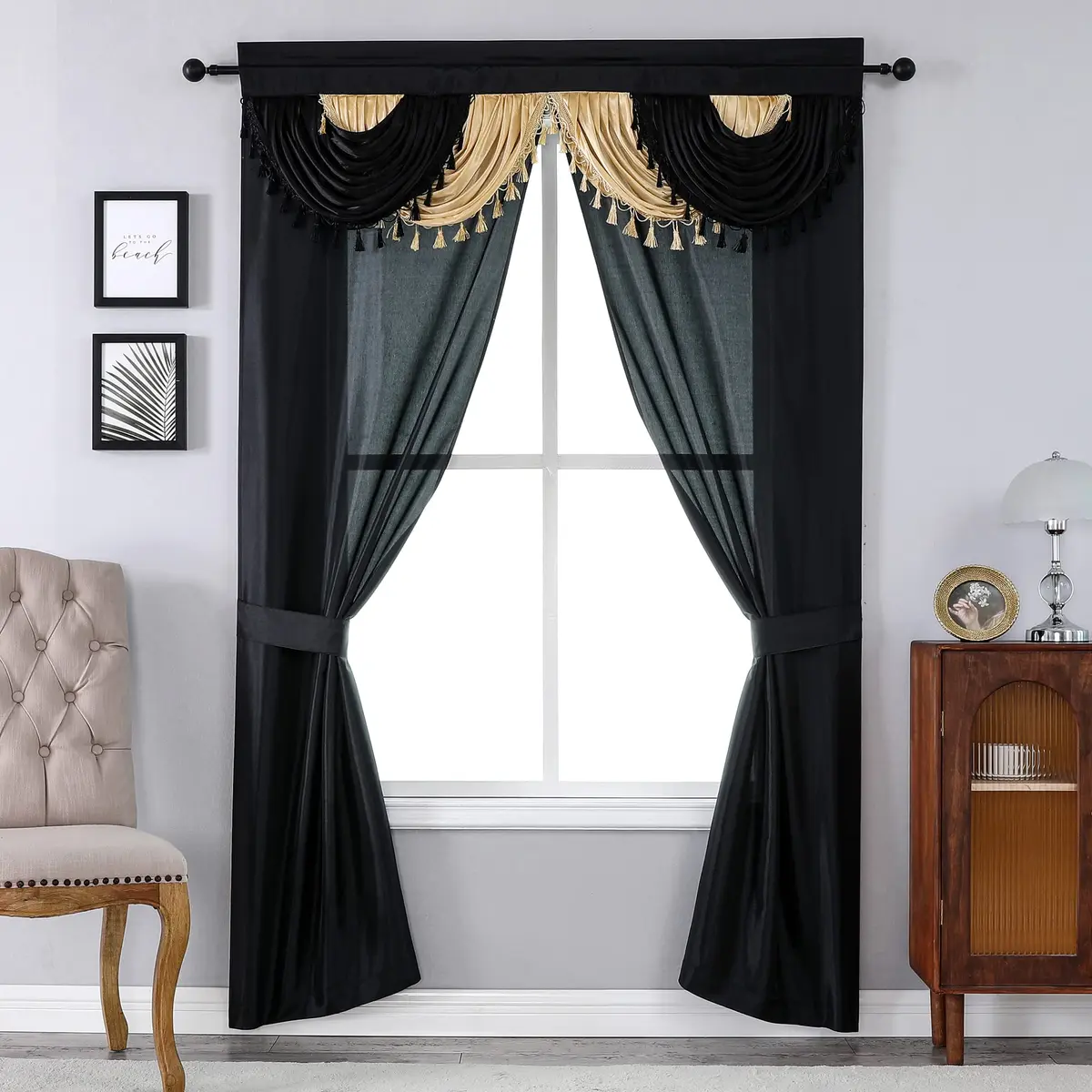 Regal Home Collections Amore 5-Piece Gothic Curtain Set 137cm x 213cm (54"W x 84"L) | Black/Gold Light-Filtering Panels with Valance and Tiebacks - main product image