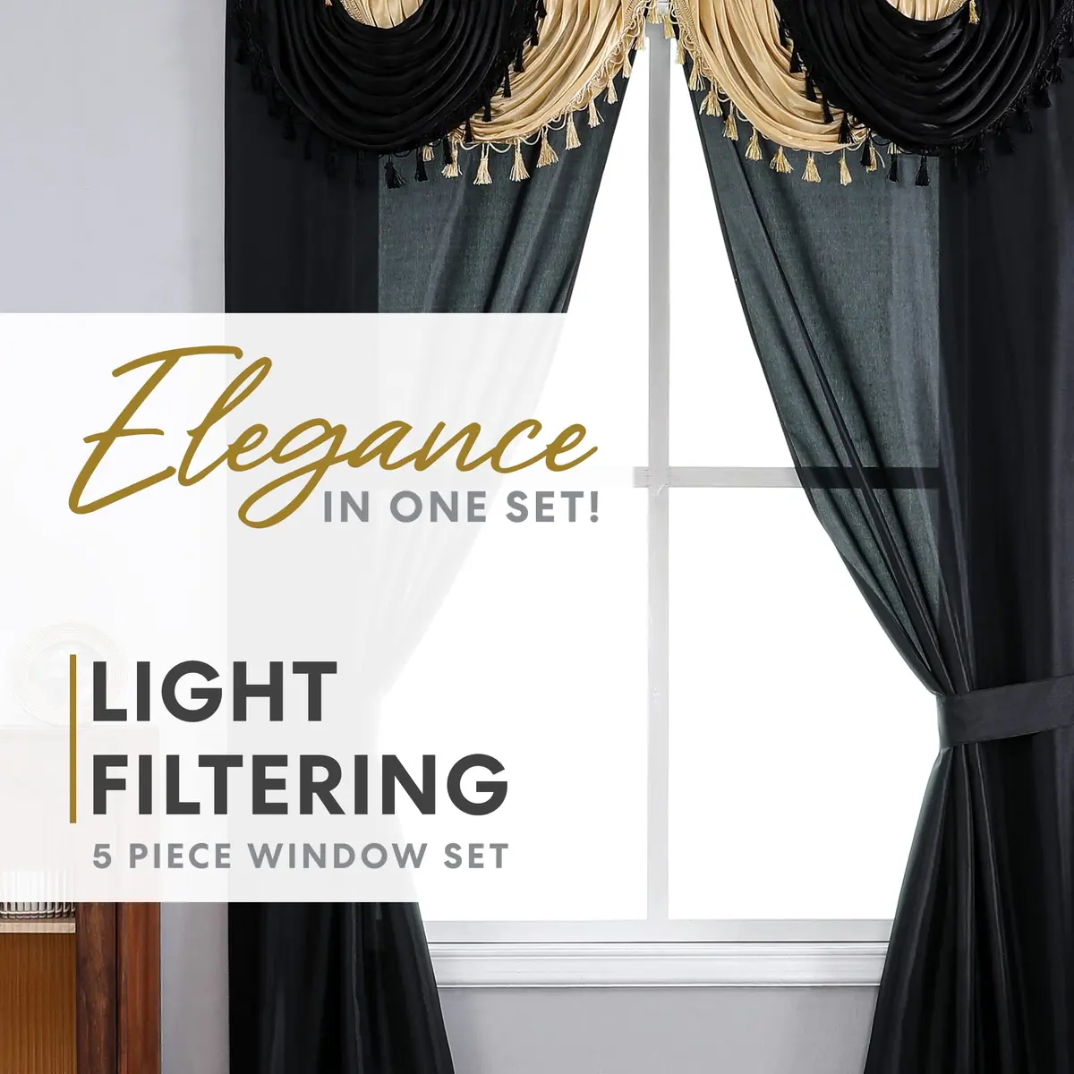 Regal Home Collections Amore 5-Piece Gothic Curtain Set 137cm x 213cm (54"W x 84"L) | Black/Gold Light-Filtering Panels with Valance and Tiebacks - view 2