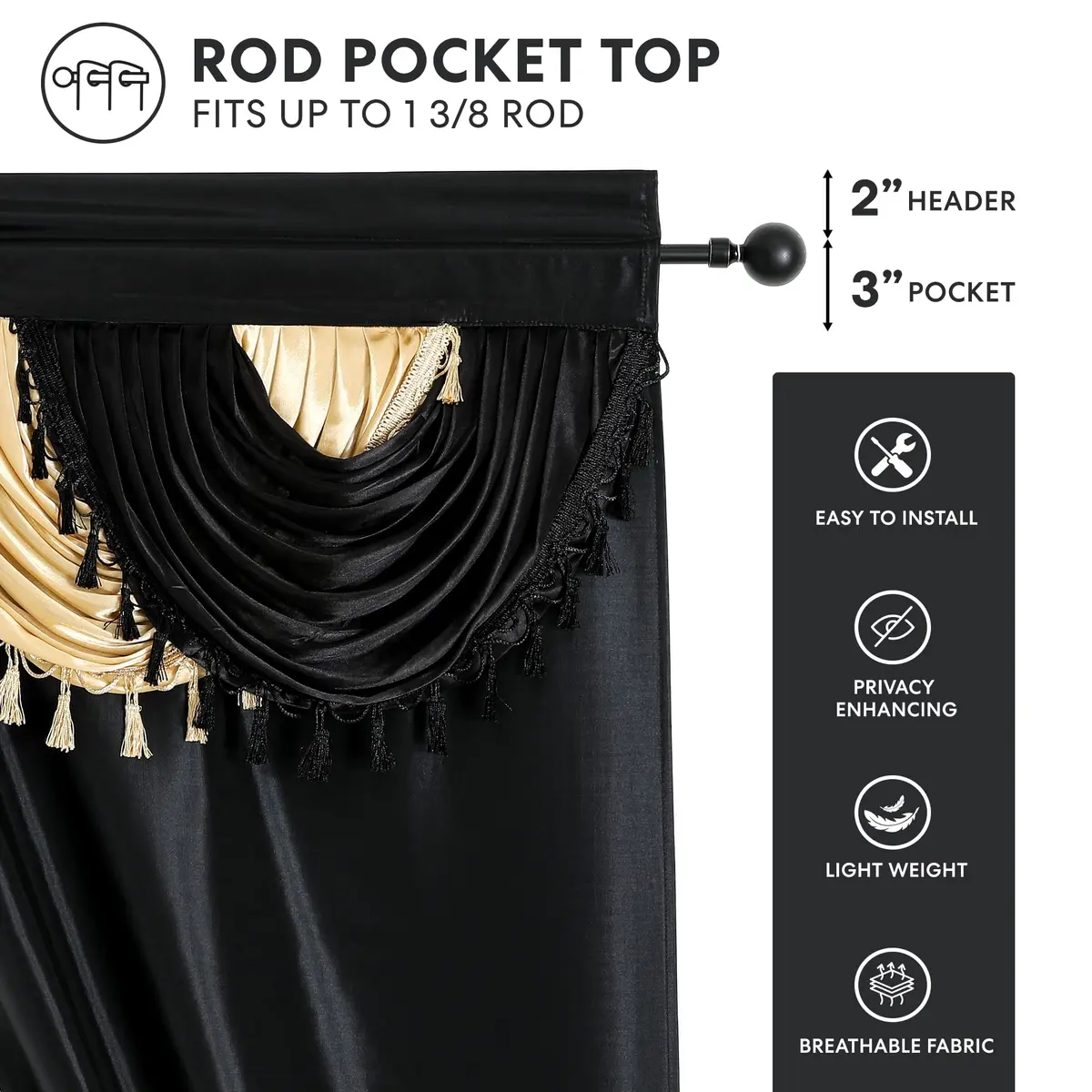 Regal Home Collections Amore 5-Piece Gothic Curtain Set 137cm x 213cm (54"W x 84"L) | Black/Gold Light-Filtering Panels with Valance and Tiebacks - view 3