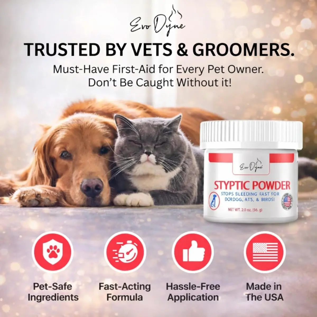 Evo Dyne Styptic Powder 2-Pack 2 oz (56g) for Dogs, Cats & Birds | Fast Bleeding Stop for Pet Nail Trims - view 5