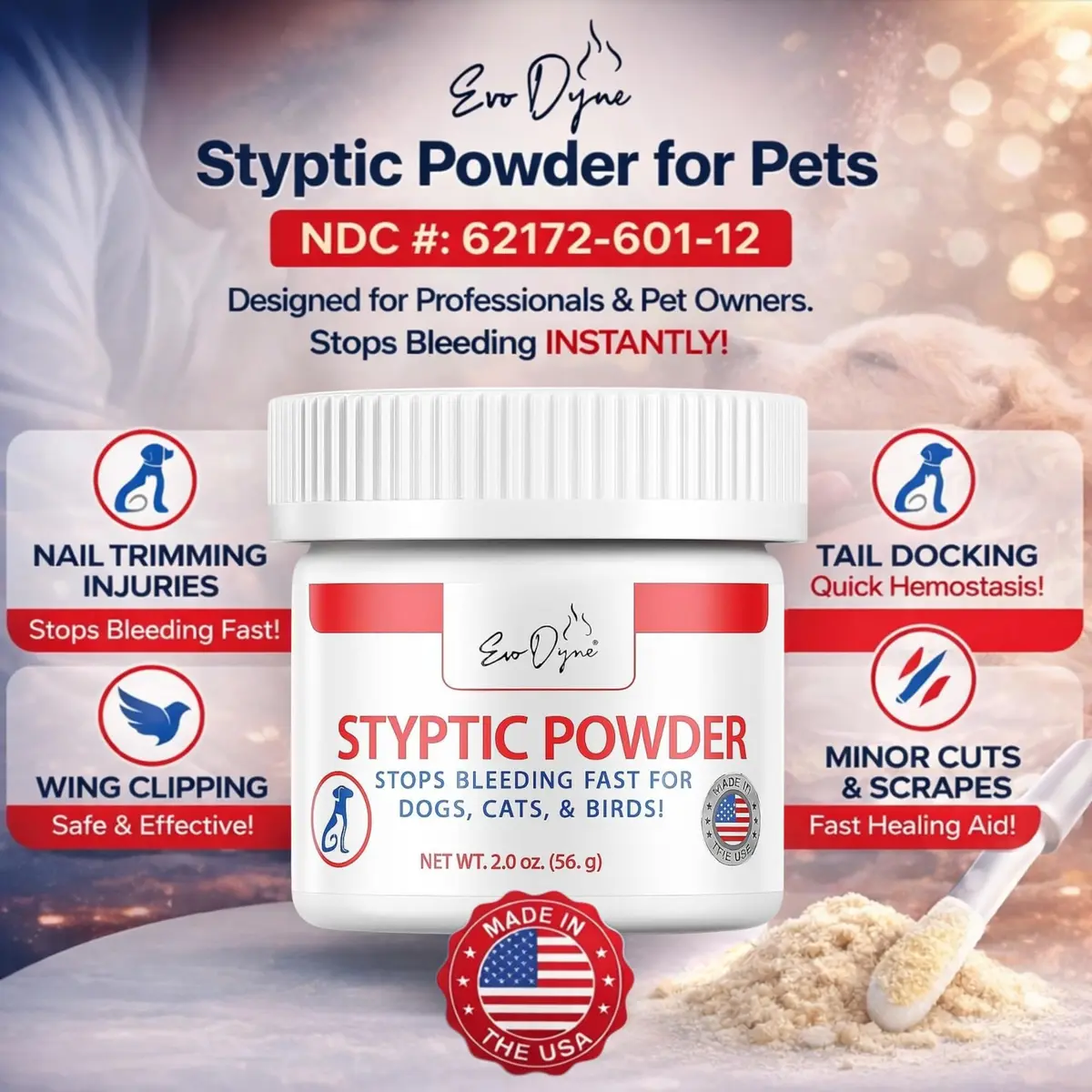 Evo Dyne Styptic Powder 2-Pack 2 oz (56g) for Dogs, Cats & Birds | Fast Bleeding Stop for Pet Nail Trims - view 3