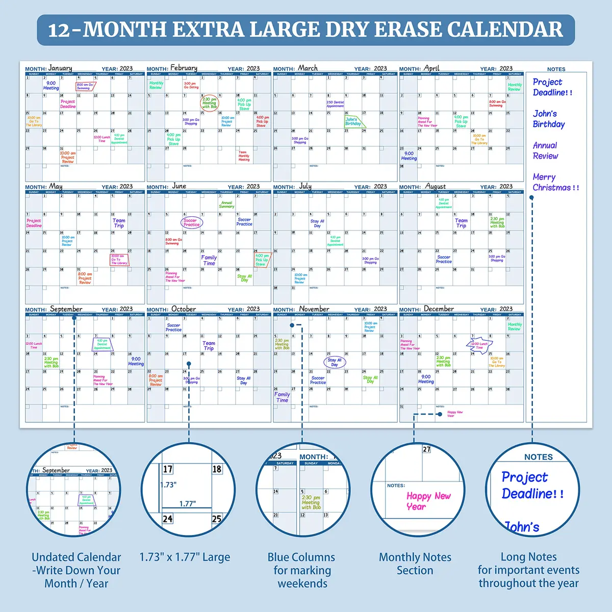 BooQool Large Dry Erase Calendar 37" x 57.9" | Yearly Wall Planner with Notes Section - view 3