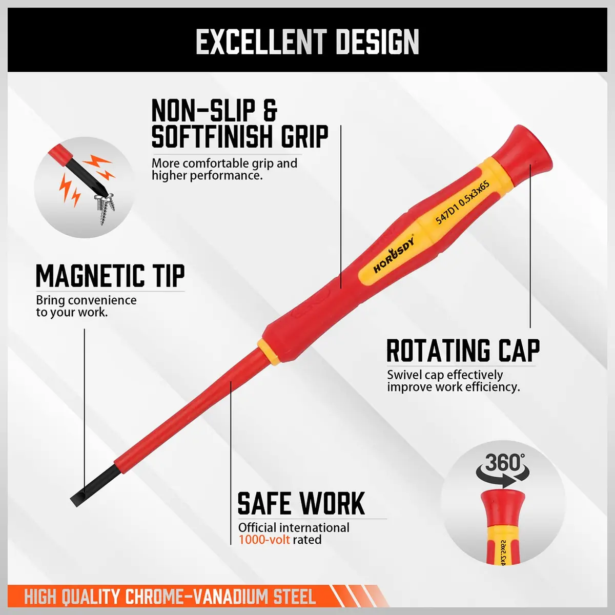HORUSDY 1000V 6-Piece Mini Insulated Screwdriver Set | Magnetic Tip, Slotted & Phillips, for Electrical & Micro Projects - view 6