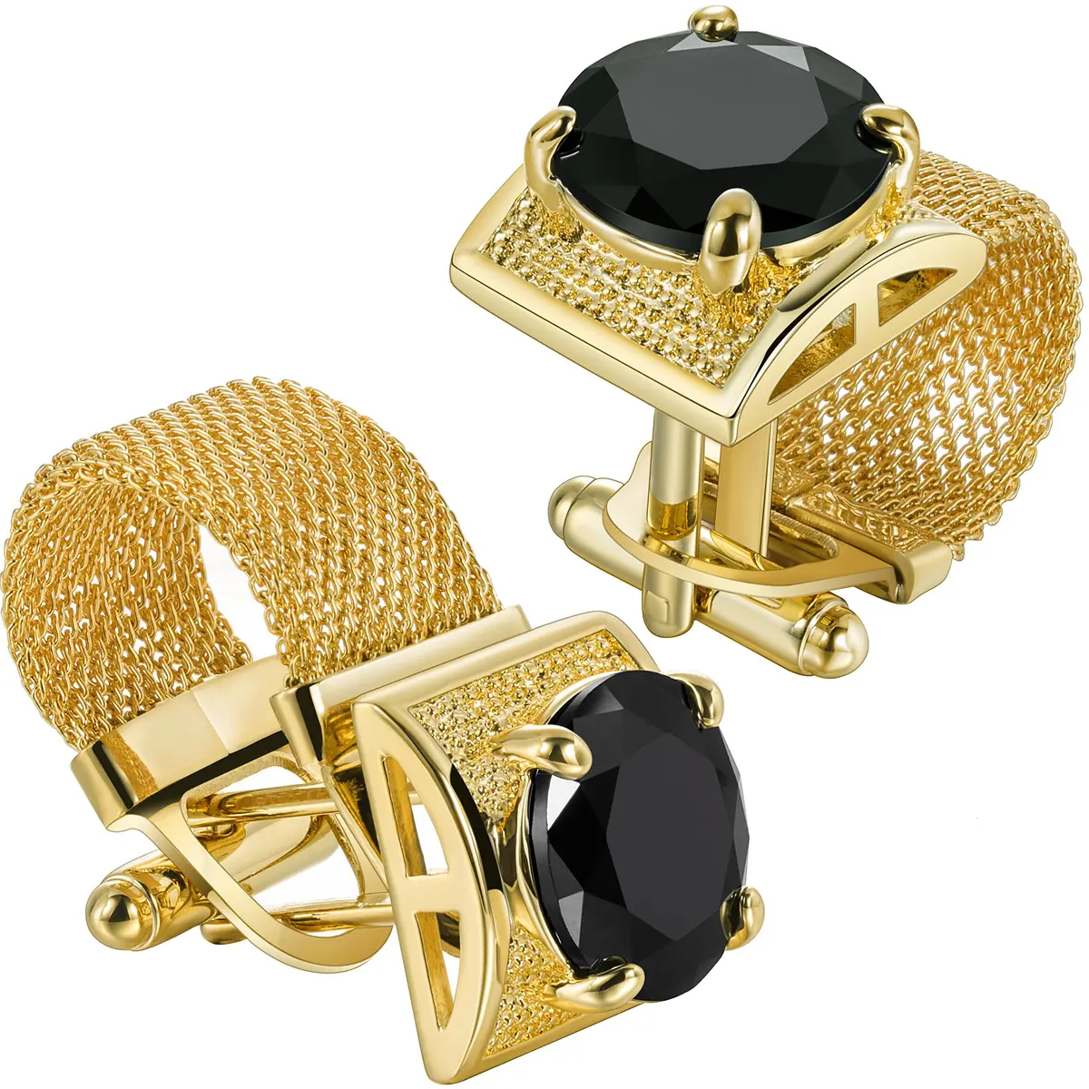 HAWSON Gold Color Black Crystal Flower Cufflinks with Chain | 1.7cm (0.67 Inch) Set of 2 - main product image